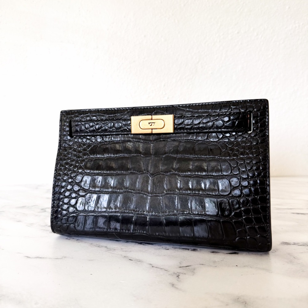 Tory Burch Lee Radziwill Black Croc-Embossed Leather Petite Bag - Picture 7 of 16